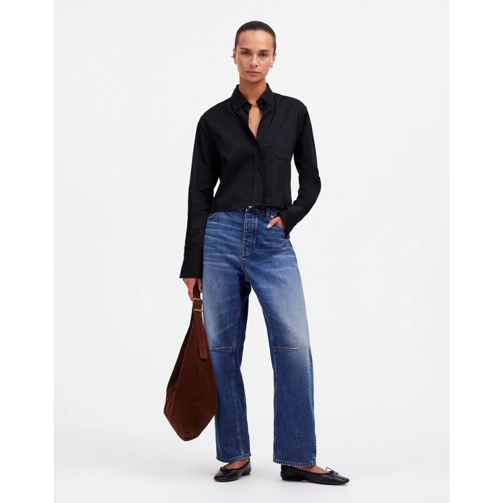 MADEWELL Relaxed Button-Up Shirt XL True Black Easy Fit Crop Long Sleeve NWT B69